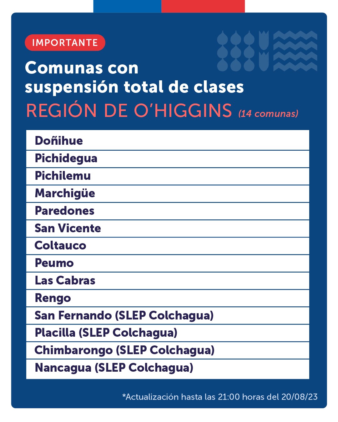 Para este lunes 21 de agosto, las siguientes comunas de la Región de O’Higgins contarán con suspensión de clases total o parcial, dependiendo de la localidad