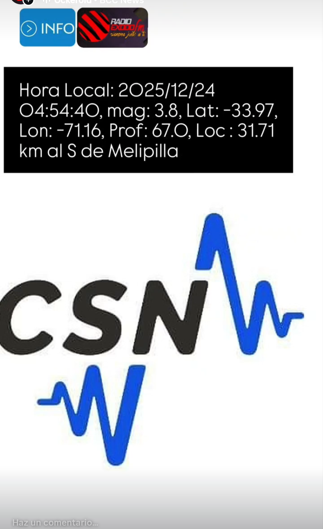 Sismo a 32 kilómetros de Melipilla está Madrugada