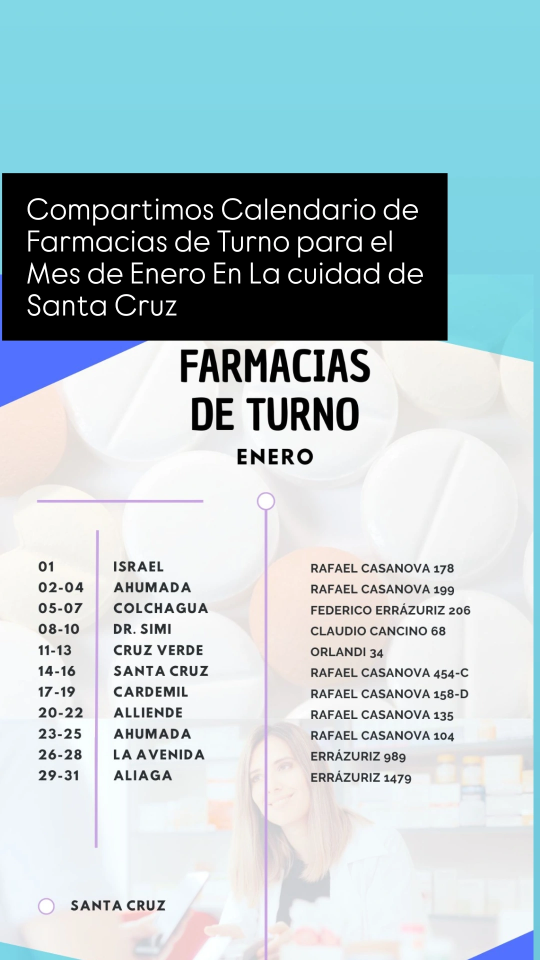 Compartimos Calendario de Farmacias de Turno para el Mes de Enero En La cuidad de Santa  Cruz