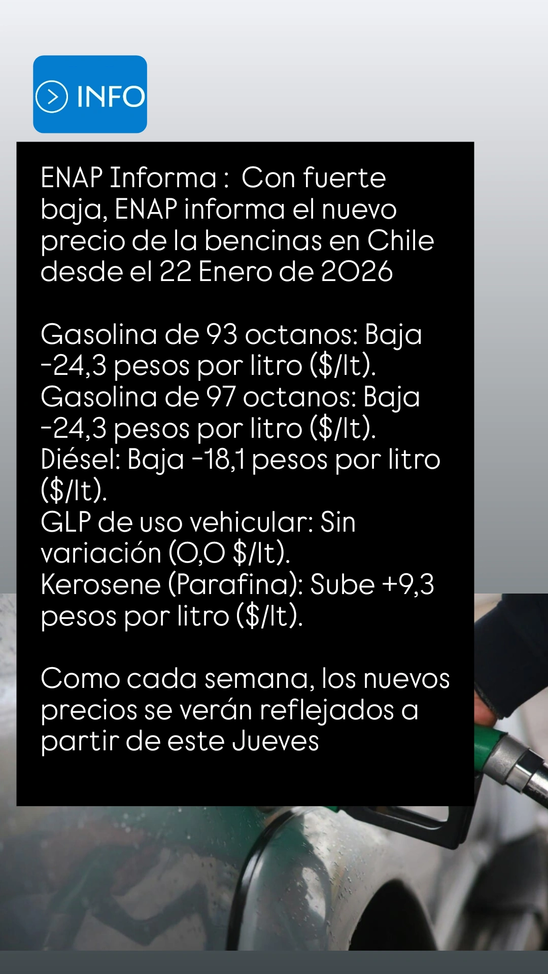 ENAP informa el nuevo precio de la bencinas en Chile desde el 22 Enero de 2026