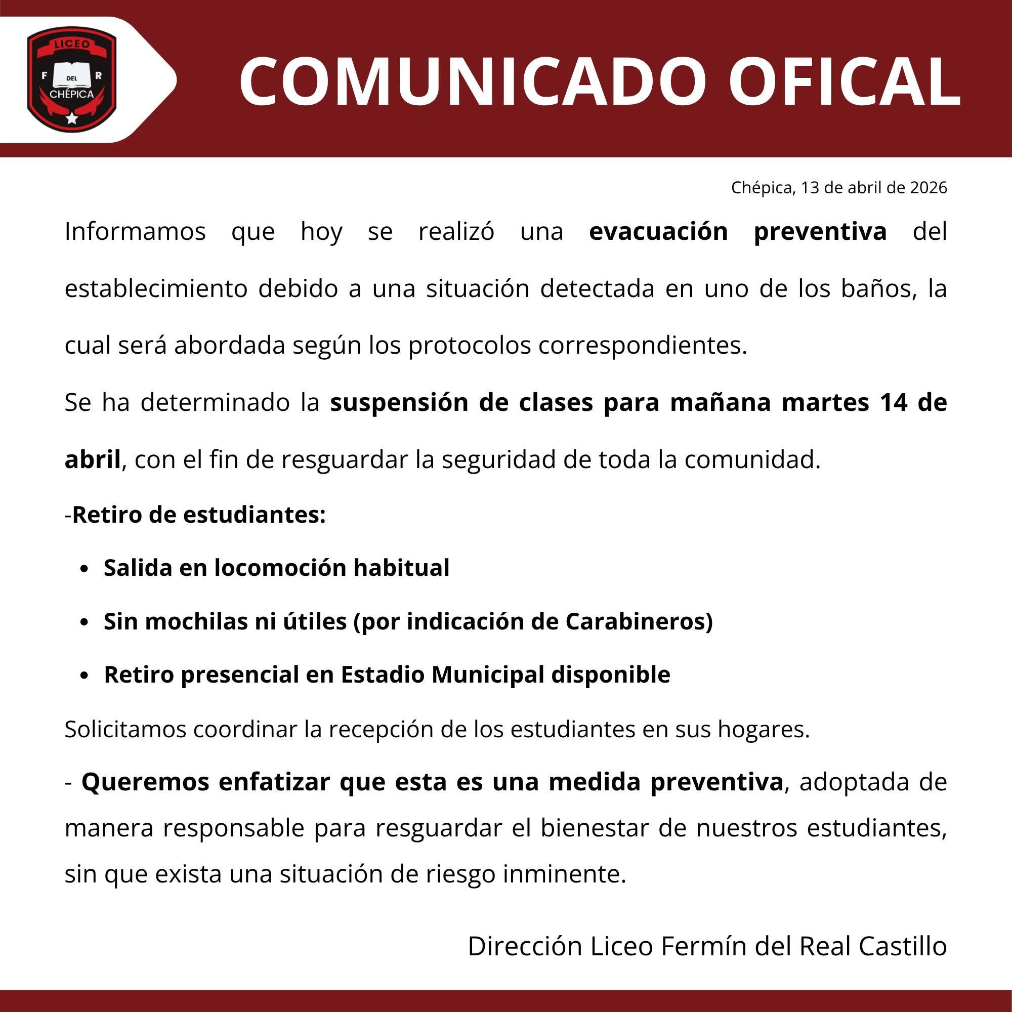 El Liceo Fermín del Real realizó este lunes una evacuación preventiva