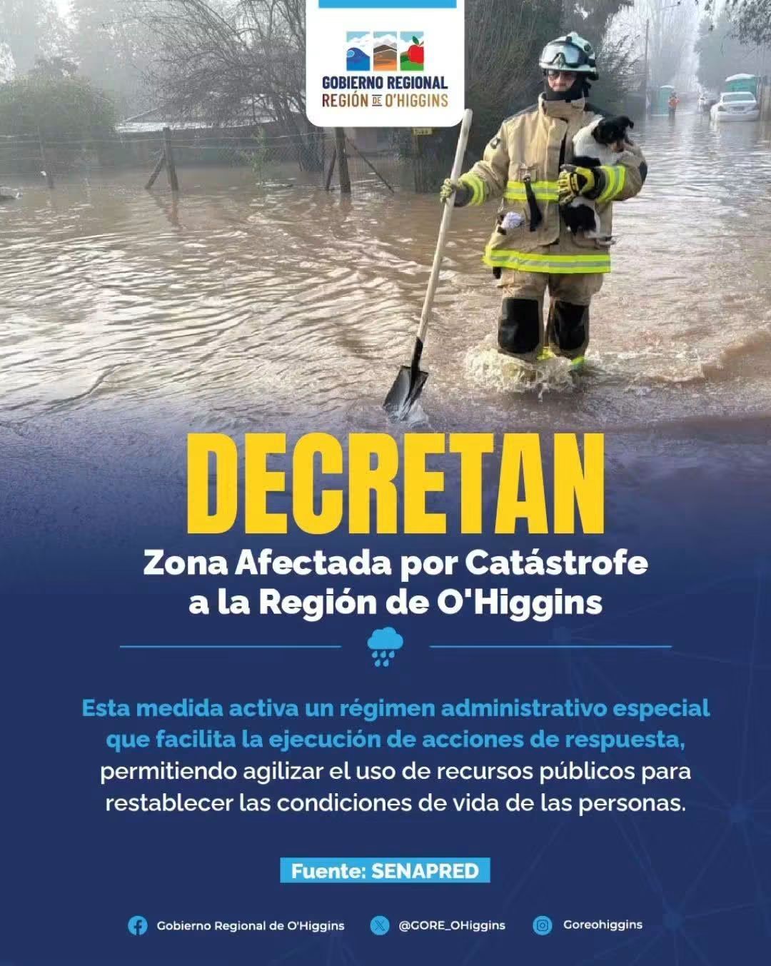 El Gobierno decretó Zona Afectada por Catástrofe para las 33 comunas de la Región de O’Higgins