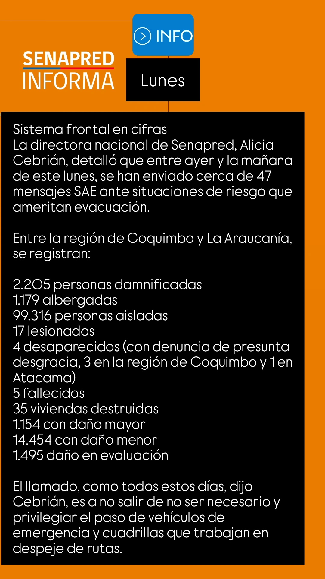 Senapred informa día  Lunes
