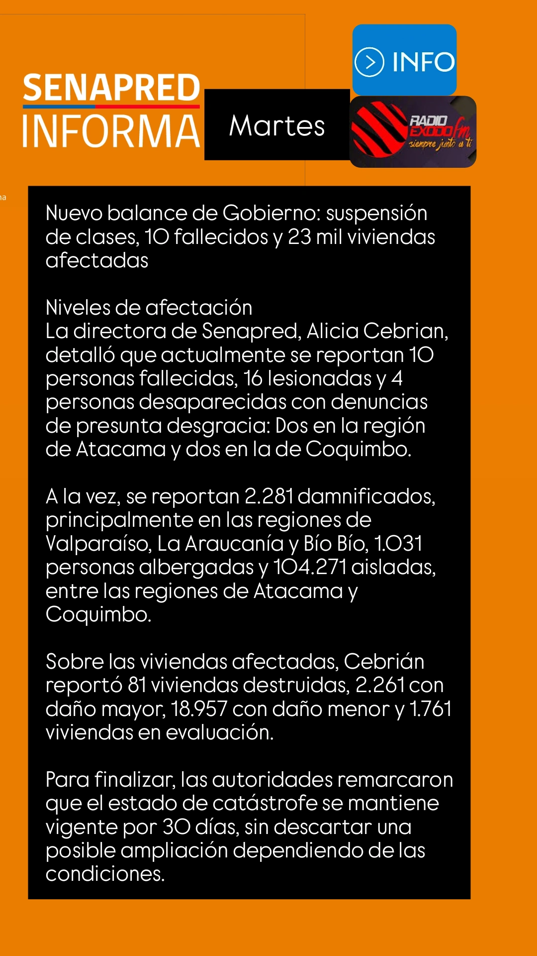 Senapred informa nuevo Balance día Martes 21