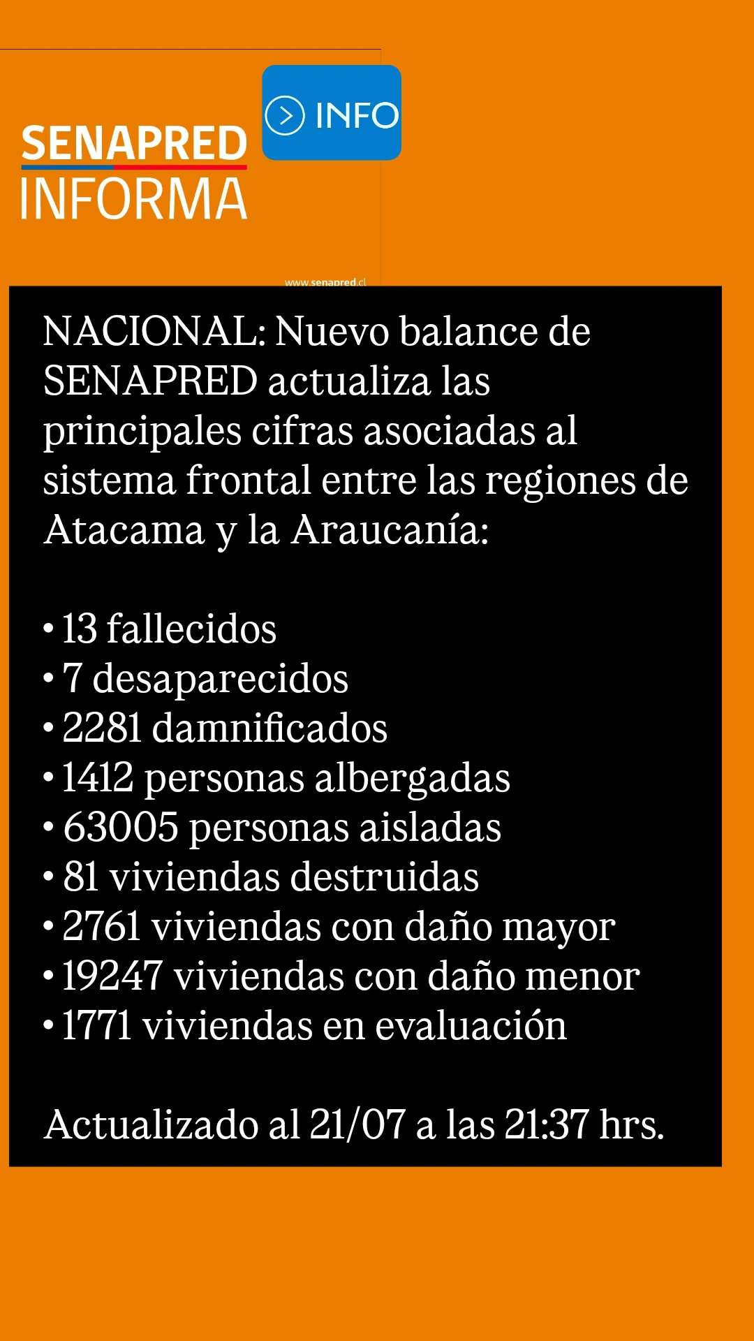 Senapred informa Noche de martes
