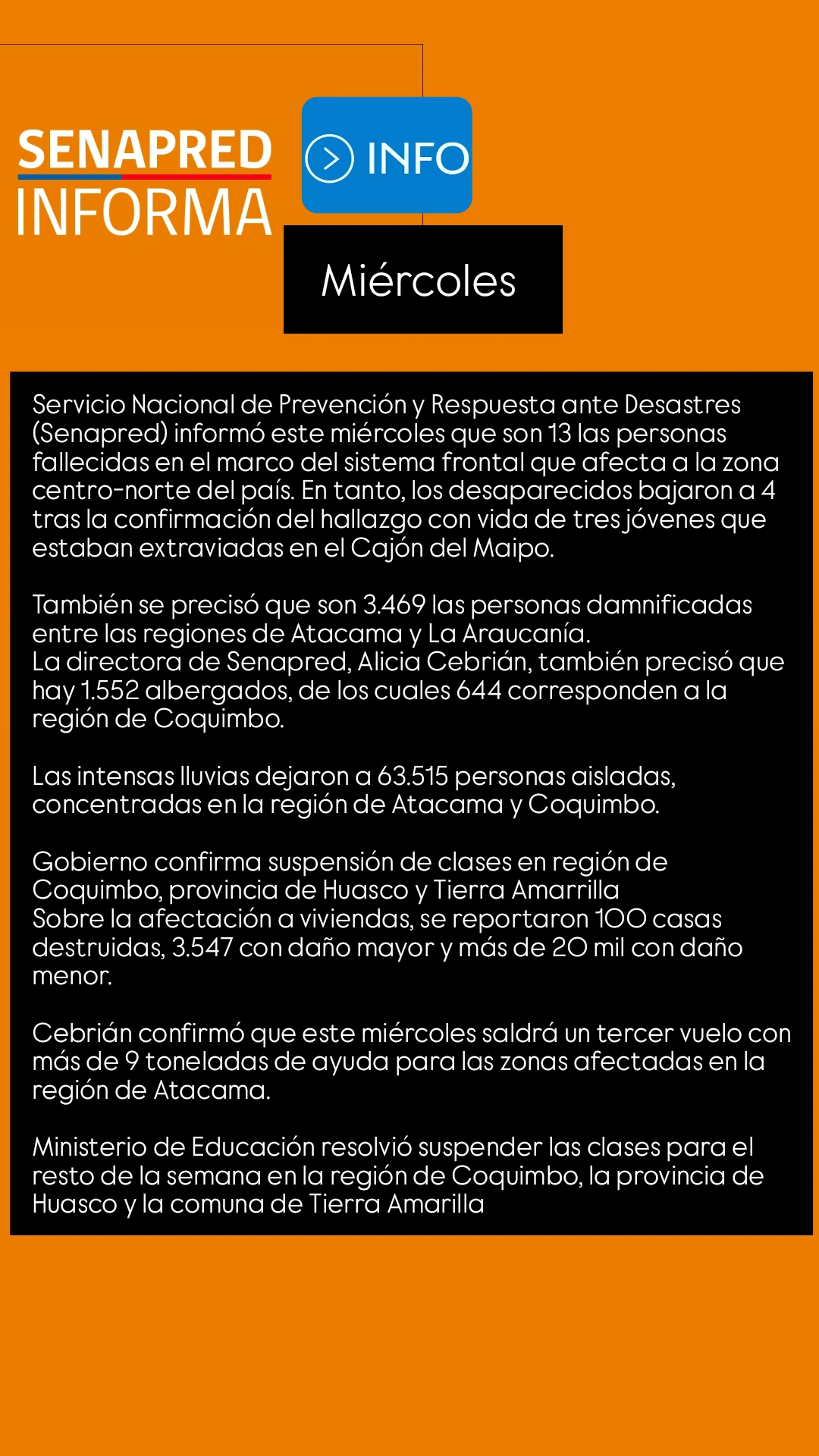 Senapred informe Miércoles 22 de Julio