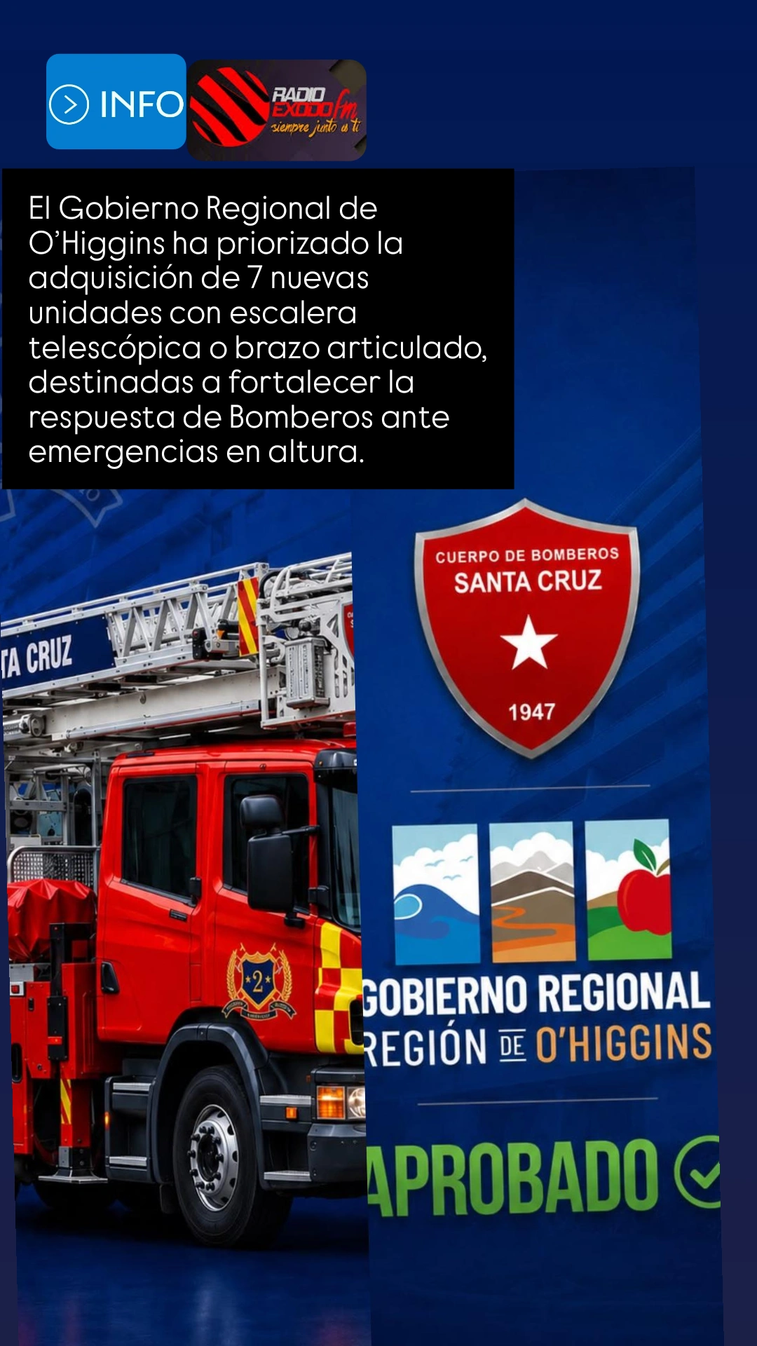 El Gobierno Regional de O’Higgins ha priorizado la adquisición de 7 nuevas unidades con escalera telescópica o brazo articulado, destinadas a fortalecer la respuesta de Bomberos ante emergencias en altura