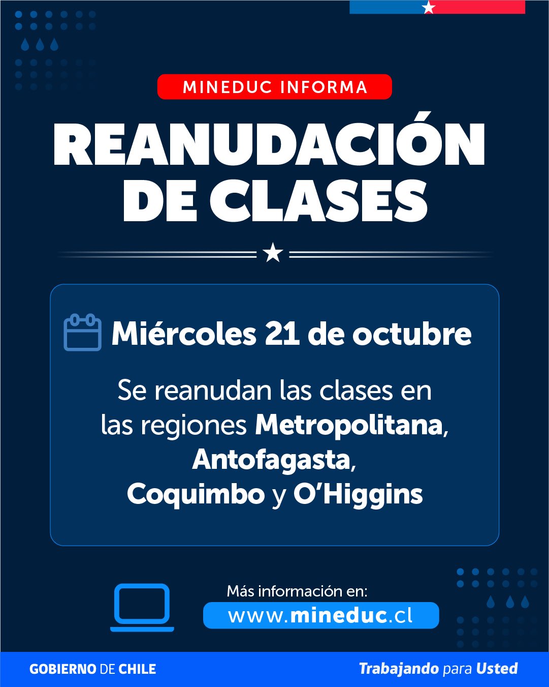 Este miércoles 21 de octubre se reanudan las clases en las regiones Metropolitana, Antofagasta, Coquimbo y O’Higgins.