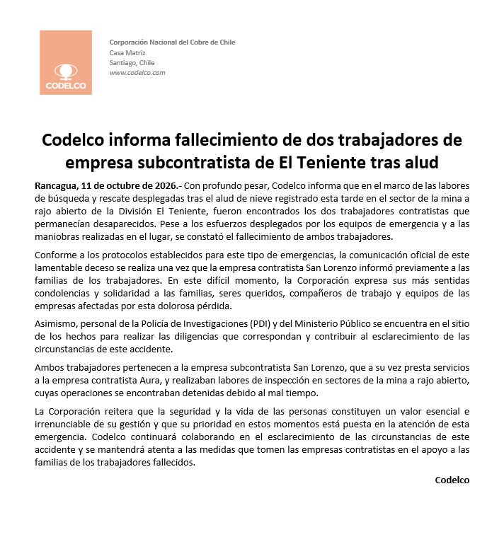 Codelco confirmó, mediante un comunicado, que fueron hallados sin vida dos trabajadores que fueron víctimas de un alud ocurrido la tarde de este domingo en el rajo de la División El Teniente.