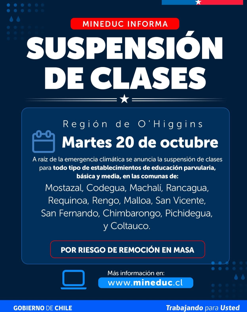 Suspensión de clases en San Fernando y Chimbarongo